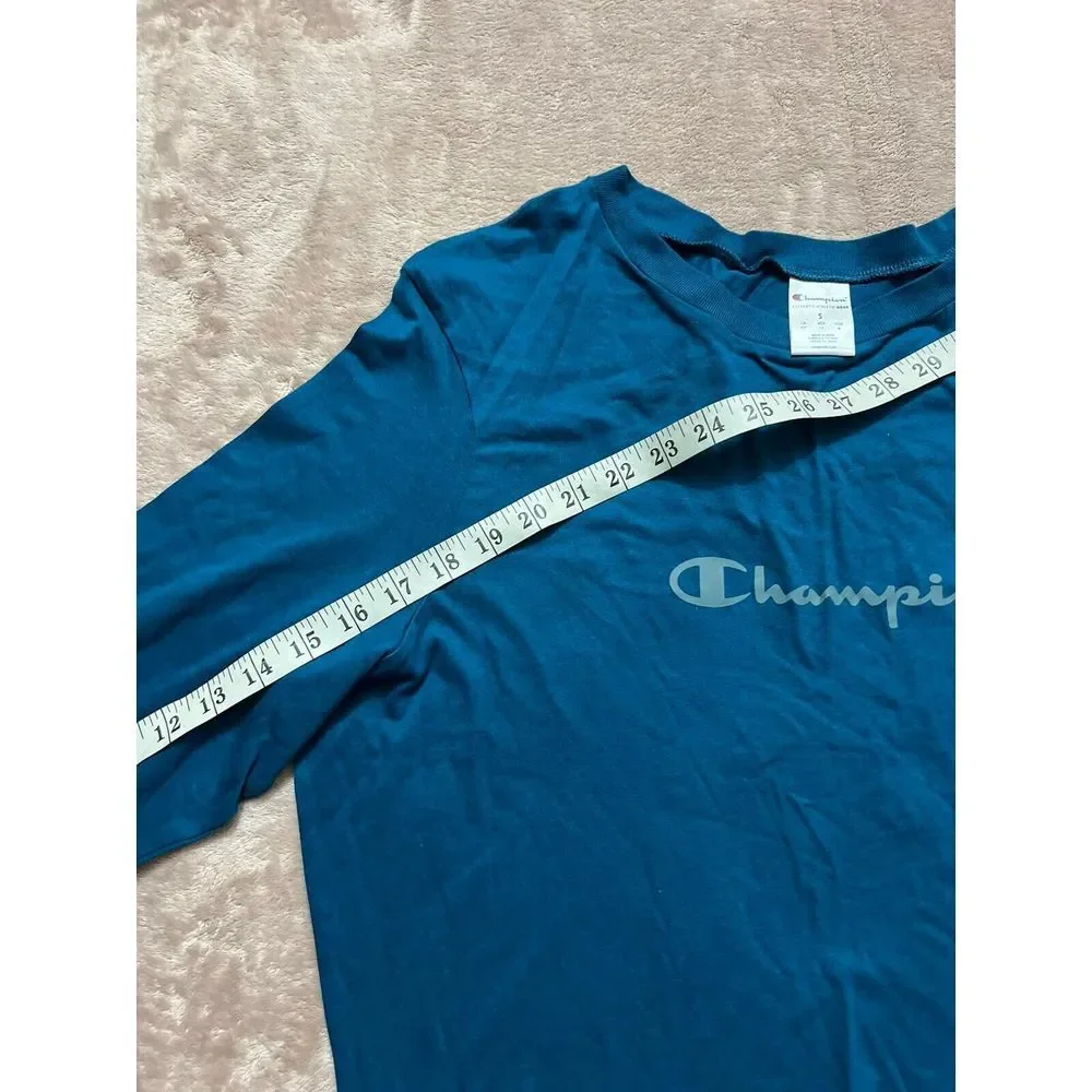 Champion Men T-Shirt Logo Spellout Long Sleeve Tee Pullover Blue Size Small‎